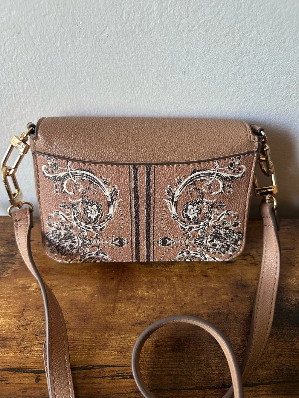 Anne Klein Taupe Brown Pebbled Faux Leather Crossbody with Patterned Accent NWOT